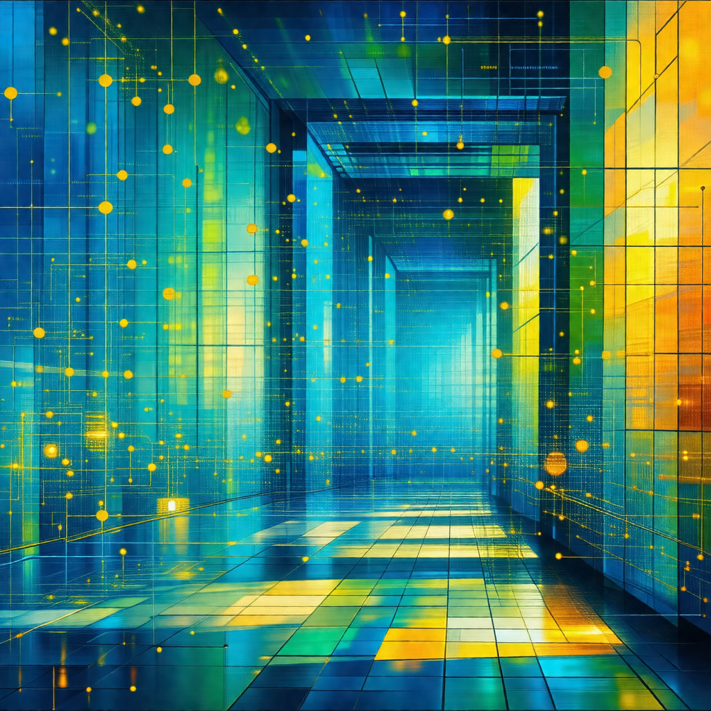 Blue and yellow tunnel with a brightly lit interior