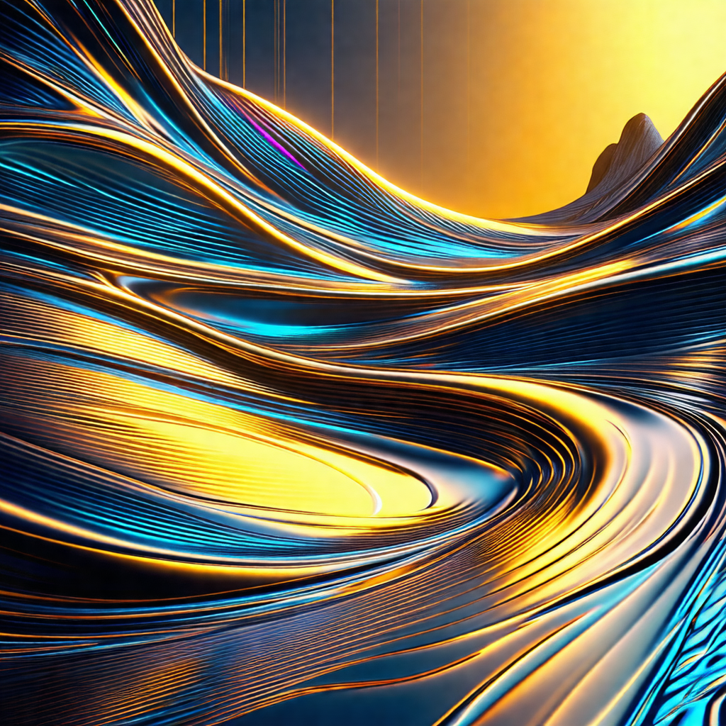 Digital painting of a blue and yellow ocean with a mounta...