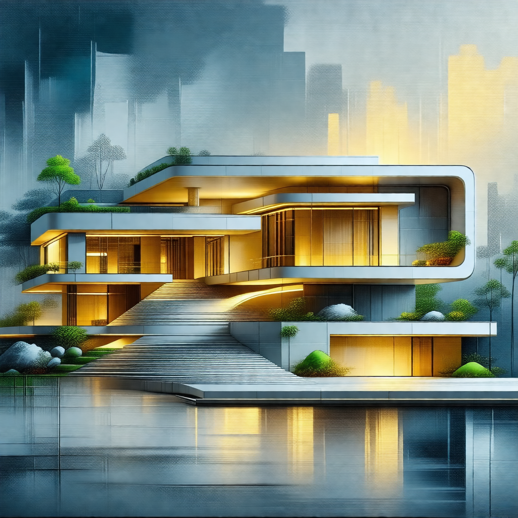Painting of a large, modern building with a white facade