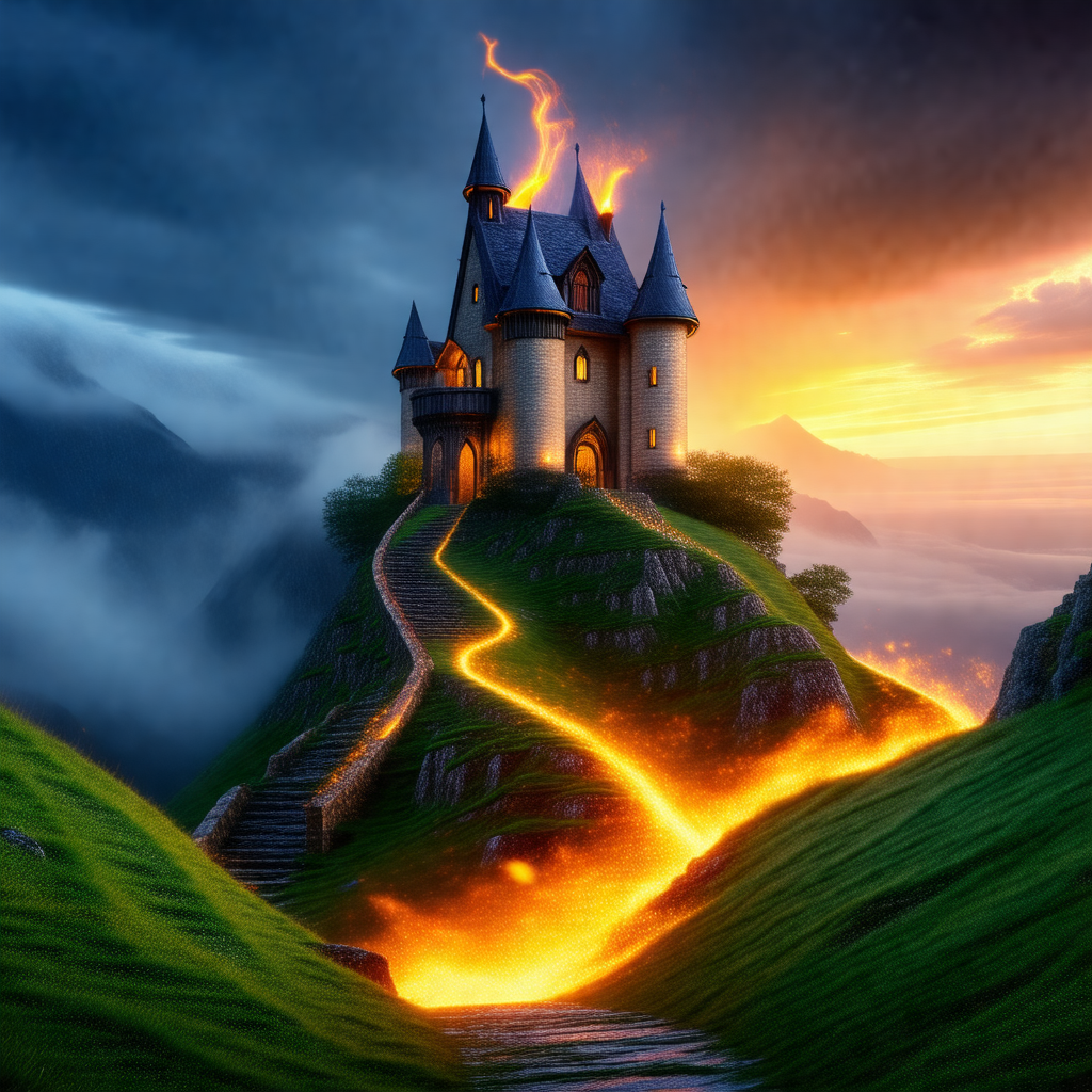 Large, old castle with a long, winding road leading up to it