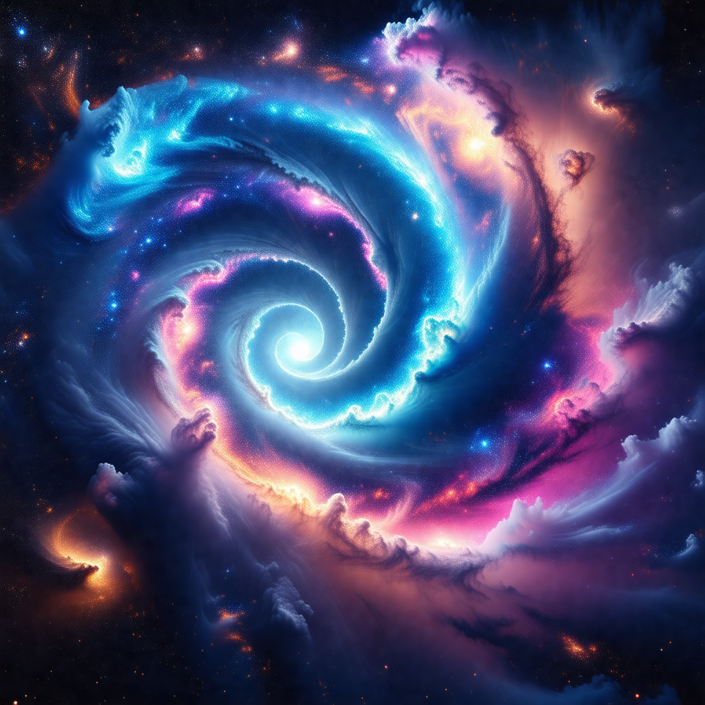 Vibrant and colorful space scene featuring a spiral galaxy