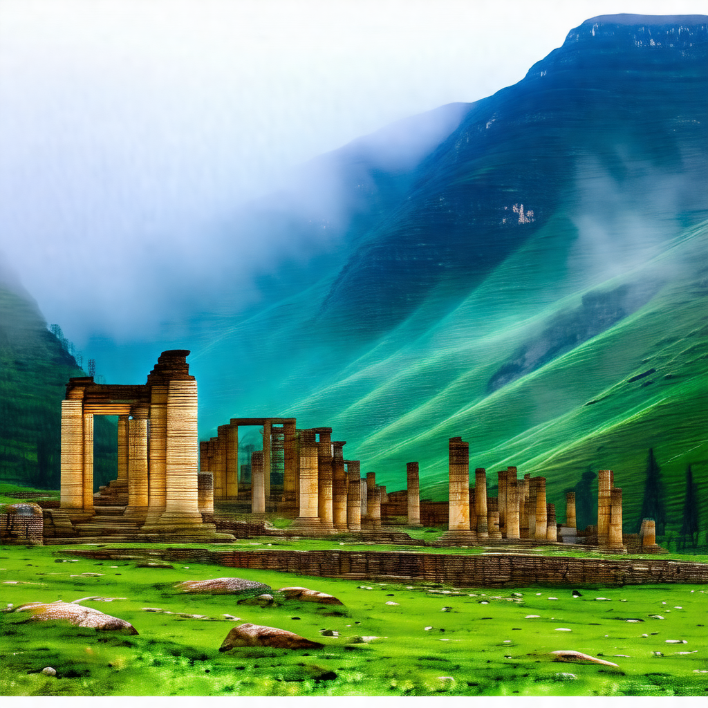Large, ancient stone structure situated in a lush green f...