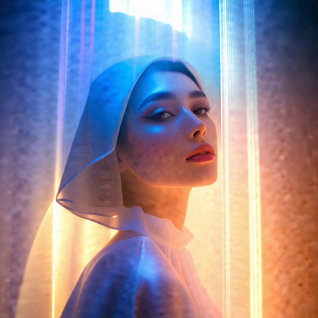 Woman wearing a white veil, standing in front of a curtain