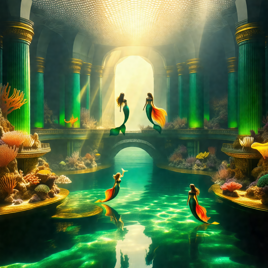 Group of three mermaids swimming in a large underwater cave