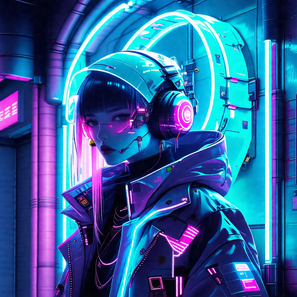 Woman wearing a futuristic outfit, including a jacket and...