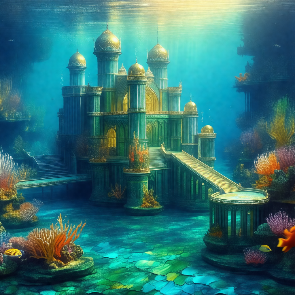 Beautiful underwater palace, complete with a bridge and a...
