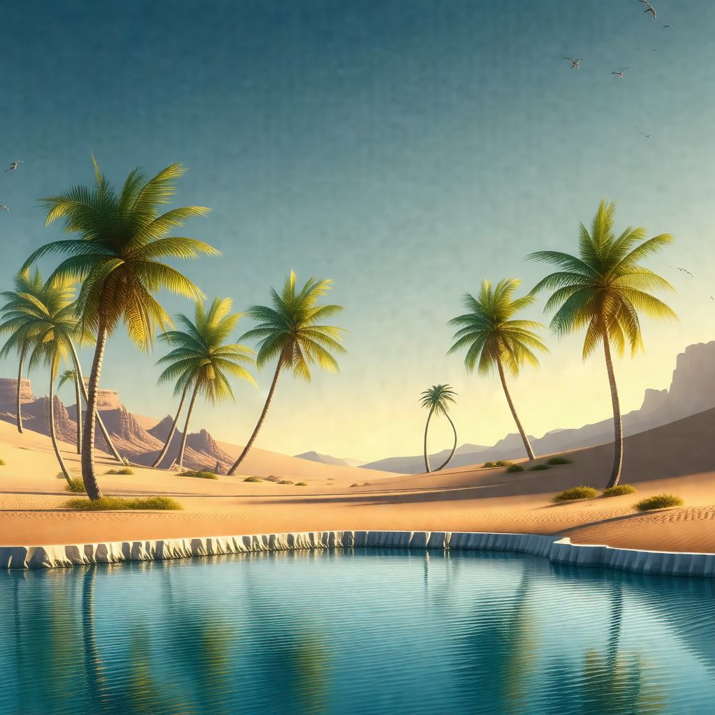 Serene desert scene with a large body of water, possibly ...