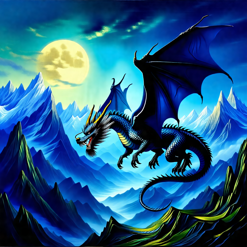 Dragon flying through the sky, with a mountain range in t...