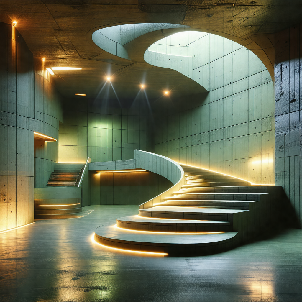 Large, modern building with a spiral staircase that leads...