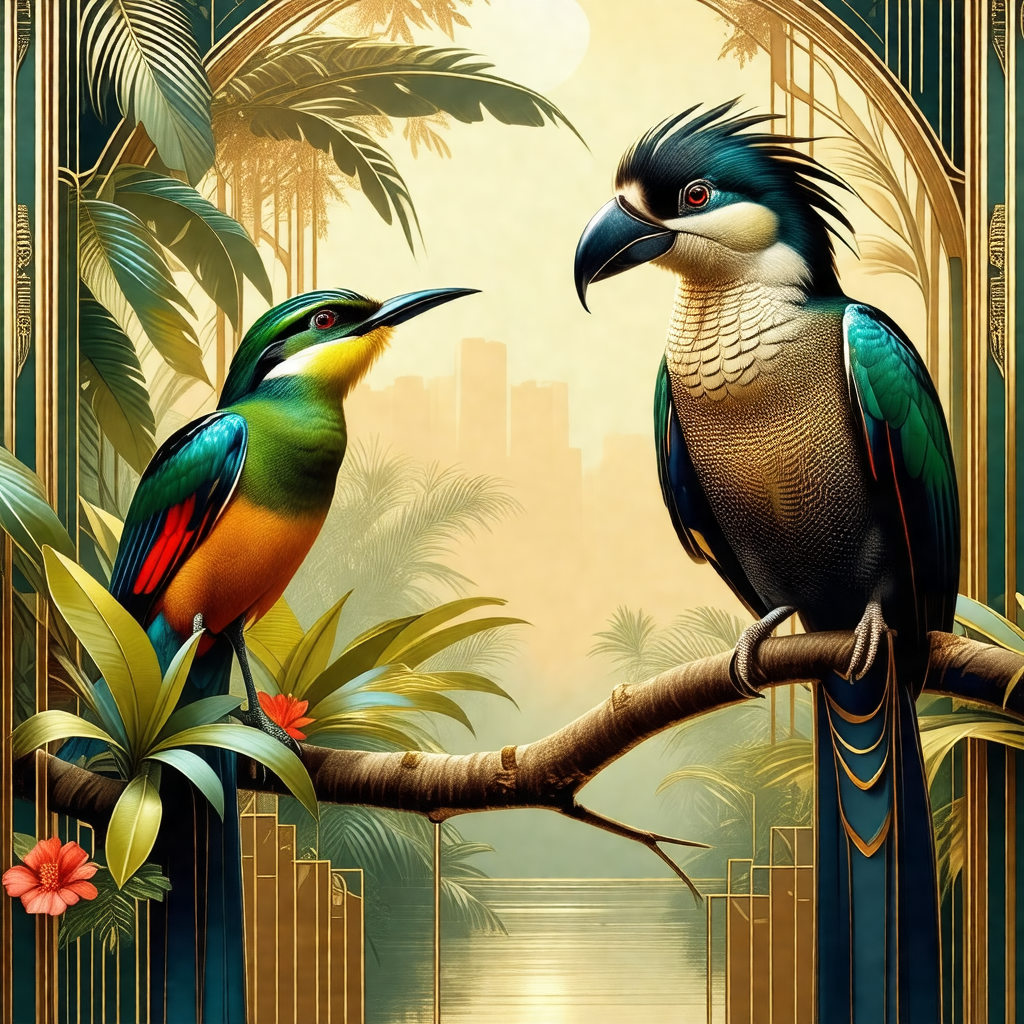 Two colorful birds perched on a tree branch