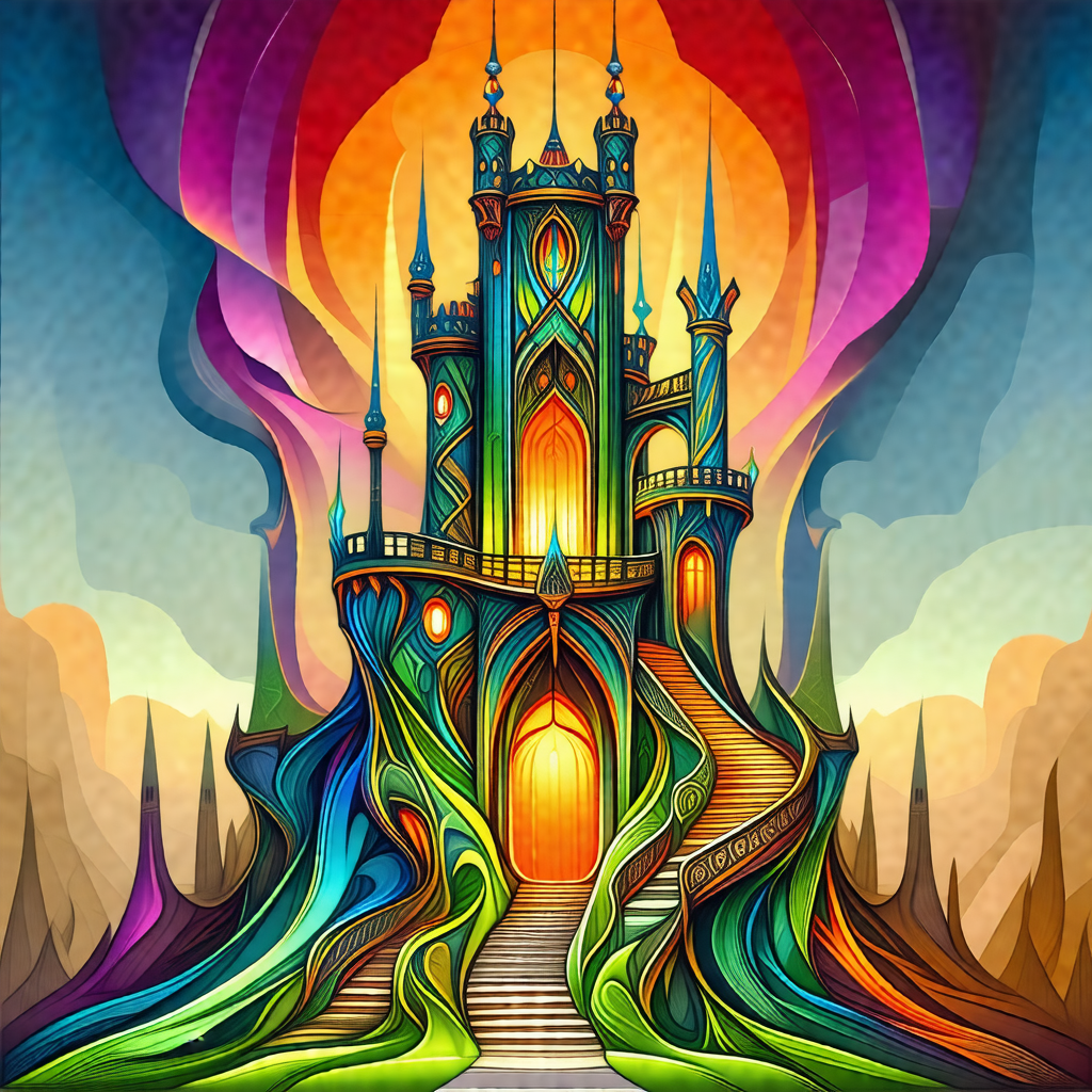 Colorful, fantasy-like castle with a large, open doorway