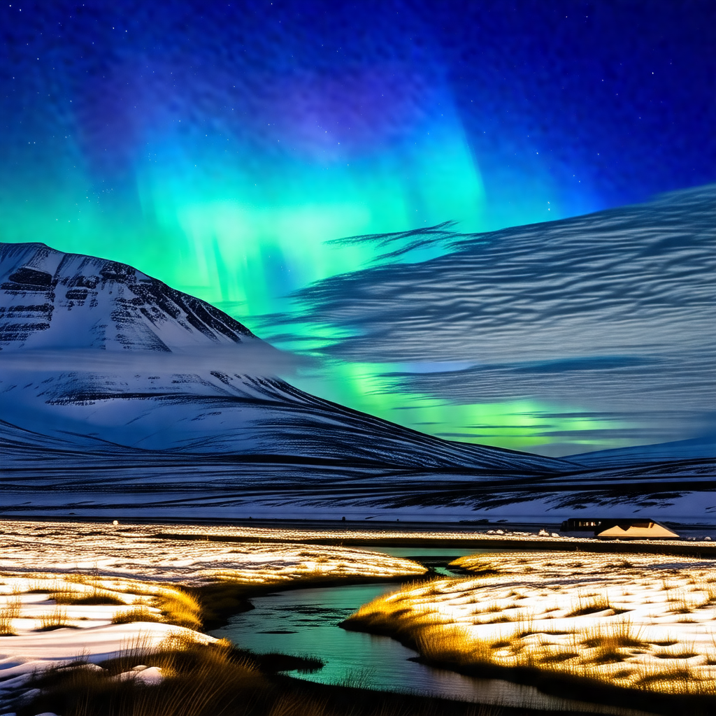 Captures a beautiful night scene with a mountain range in...
