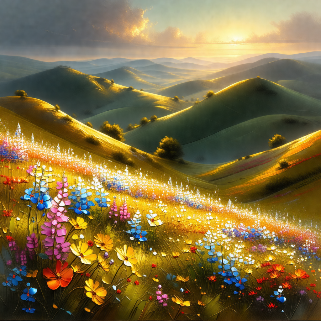 Beautiful, sunlit valley with a lush green hillside and a...