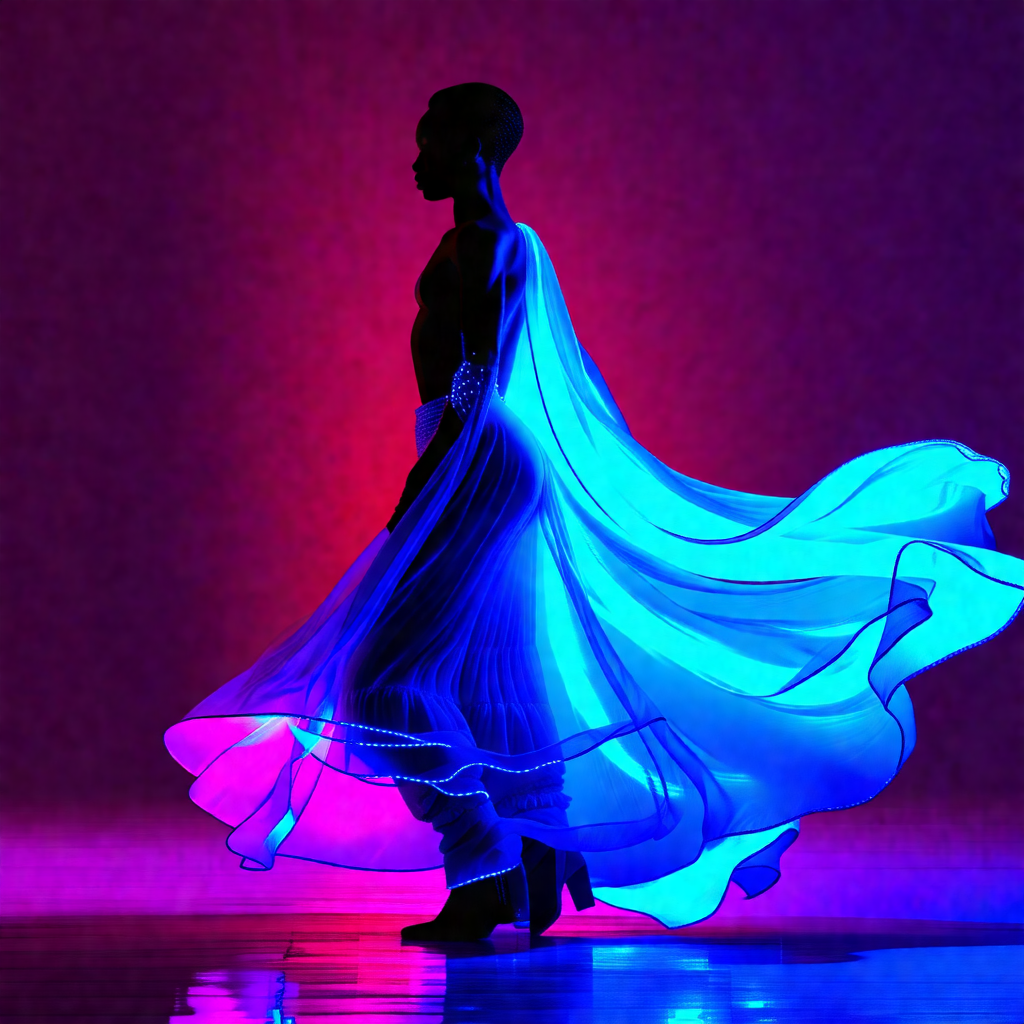 Woman wearing a blue dress, standing on a stage and perfo...