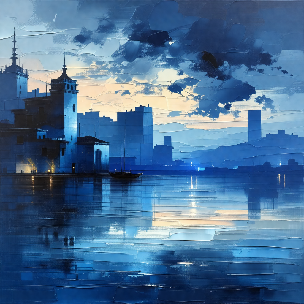Painting of a cityscape at dusk