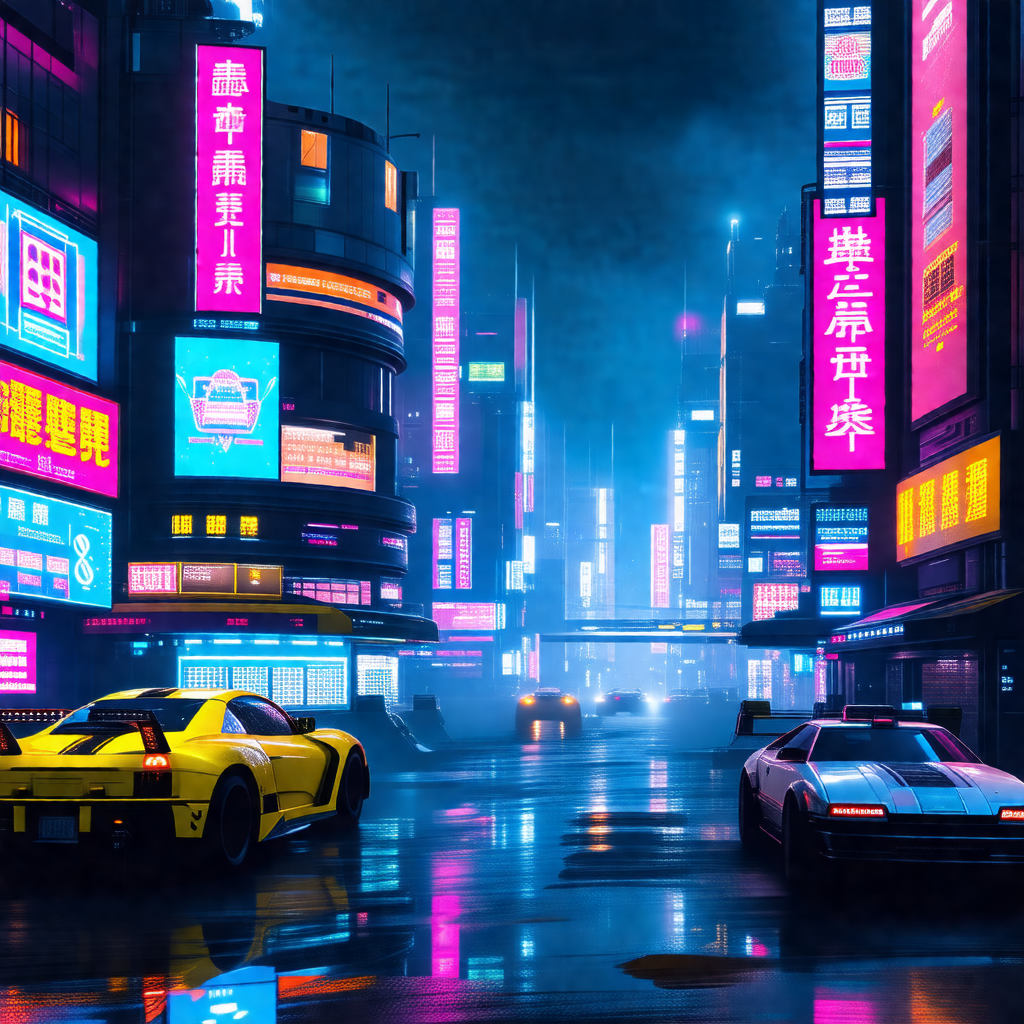 Futuristic city street at night, with two cars driving do...
