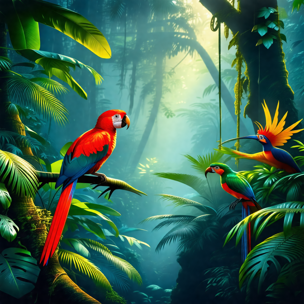 Lush green forest with a variety of colorful birds perche...
