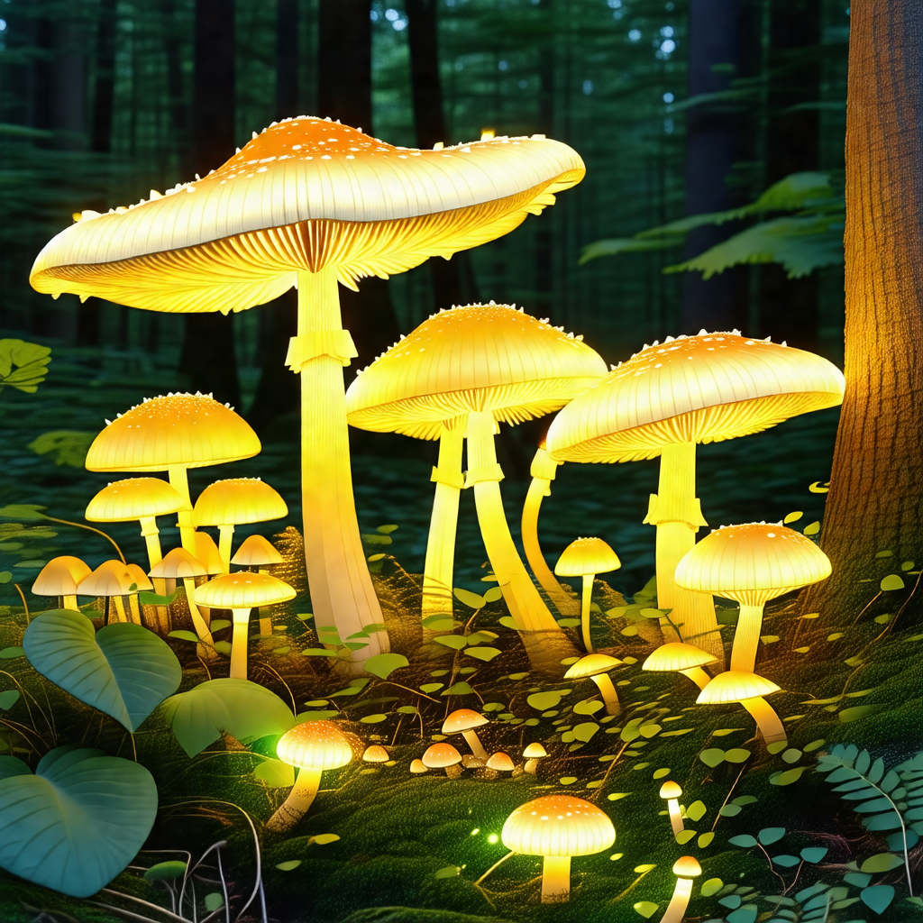 Forest with a group of mushrooms glowing in the dark