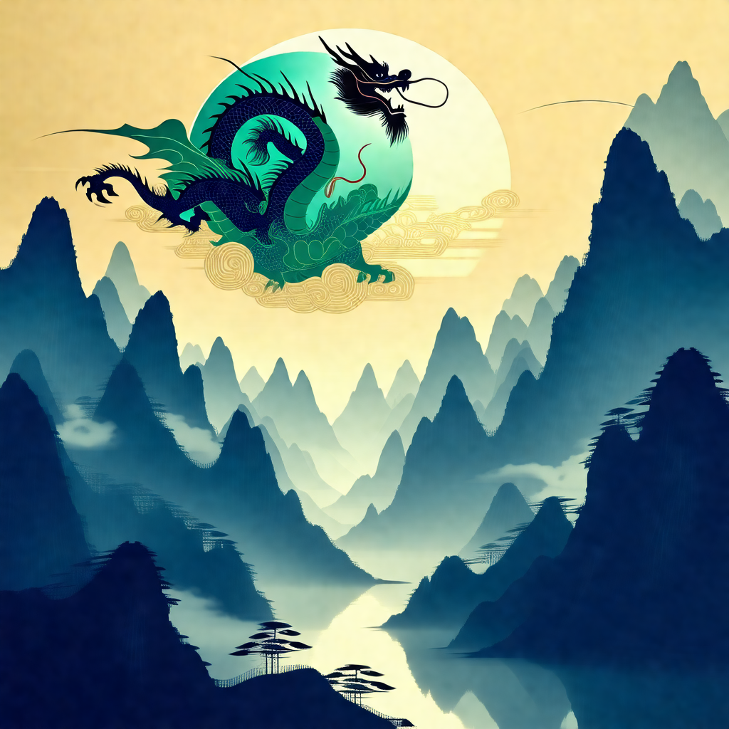 Dragon flying over a river, surrounded by mountains