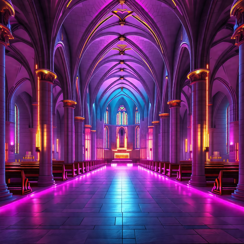 Large, ornate cathedral with a purple and blue lighting e...
