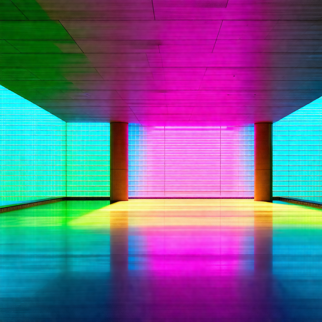 Large, colorful room with a variety of colors and patterns