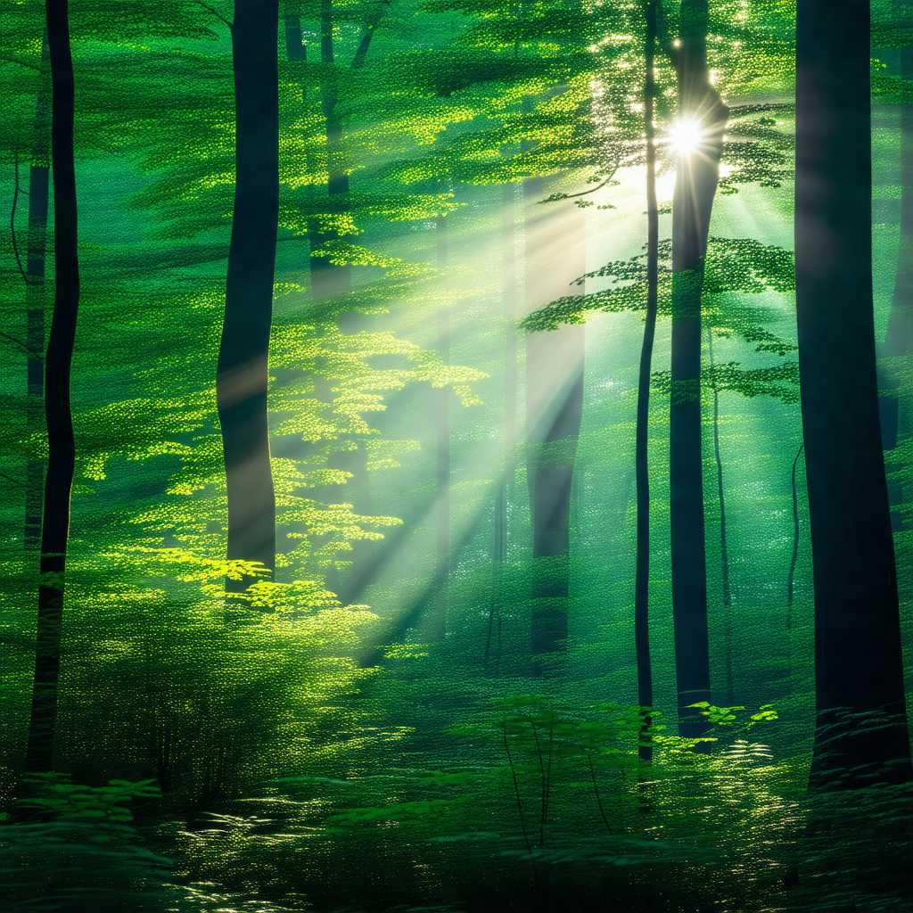 Lush green forest filled with trees and sunlight