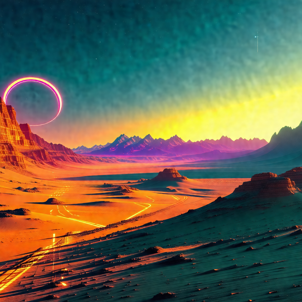 Painting of a desert landscape with a mountain range in t...