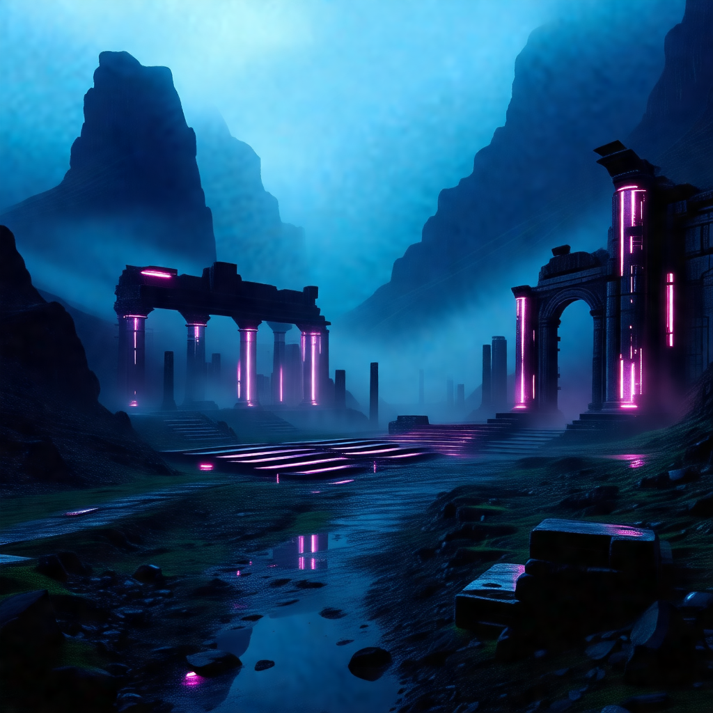 Digital painting of a mountainous landscape with a purple...