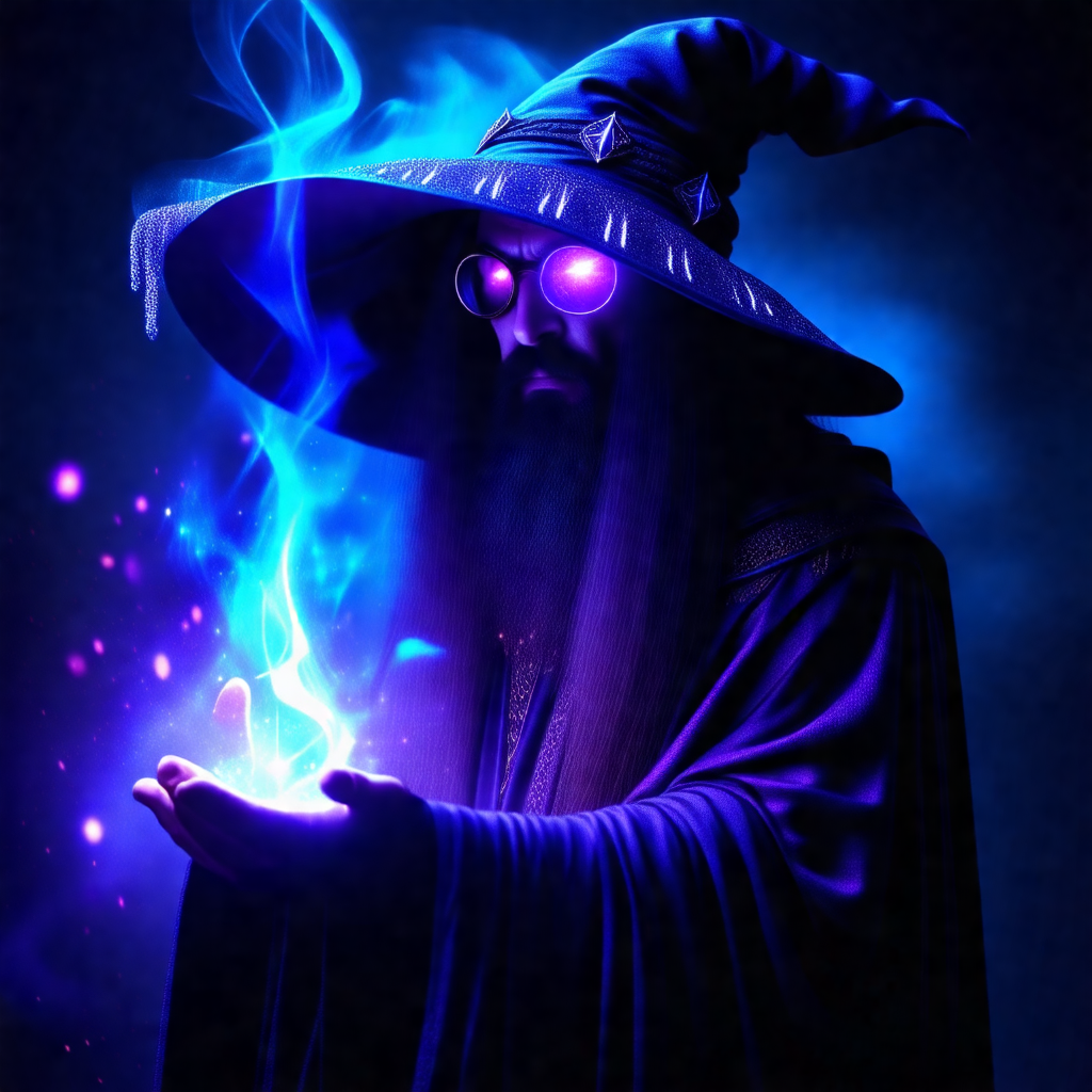Man with a long beard and a wizard's hat, standing in a d...