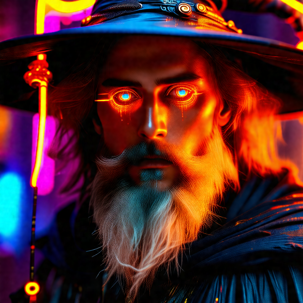 Man with a long beard and a wizard's hat, standing in fro...