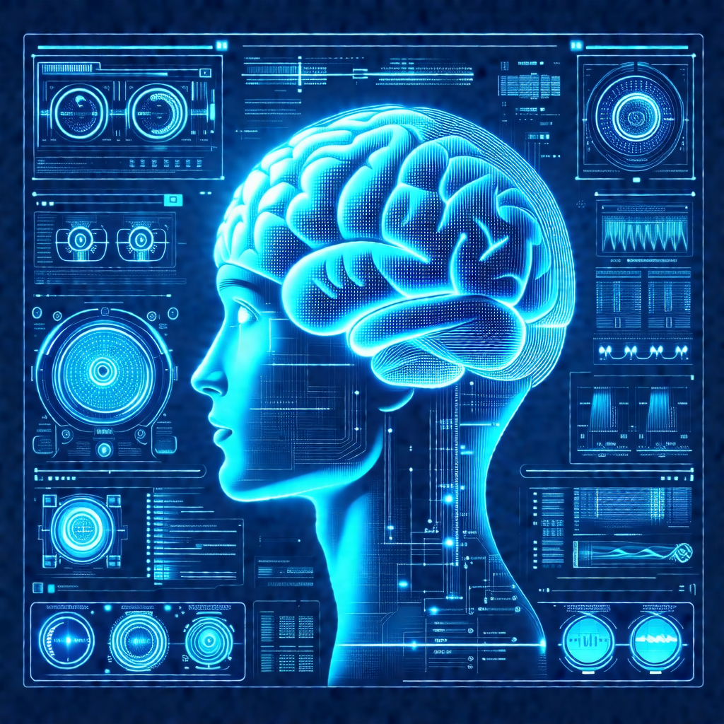 Blue and white computer-generated image of a human head
