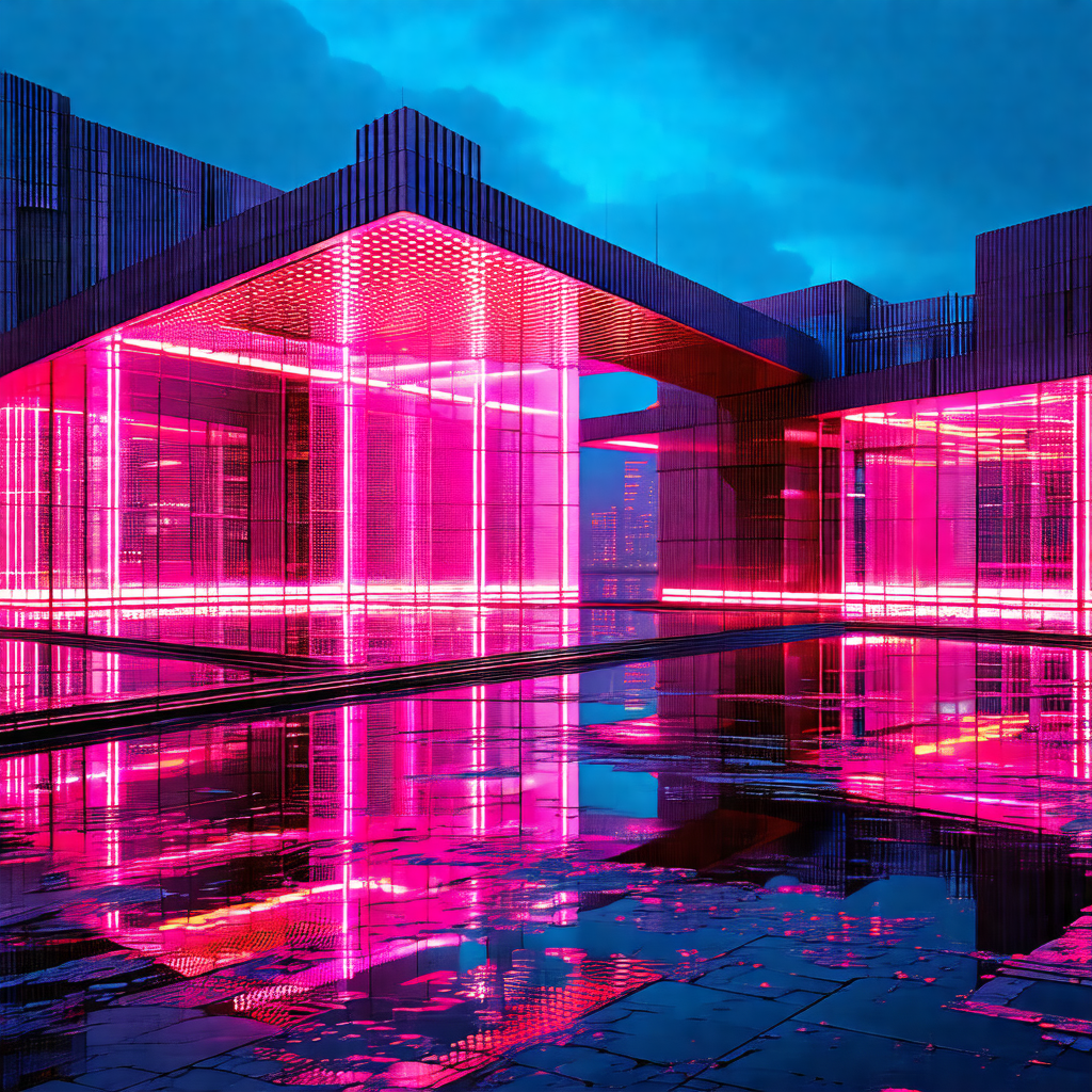 Large building with a pink glow, likely due to the lights...