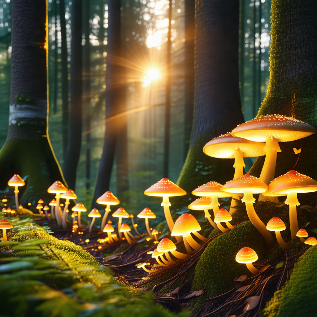Forest filled with a variety of mushrooms, some of which ...