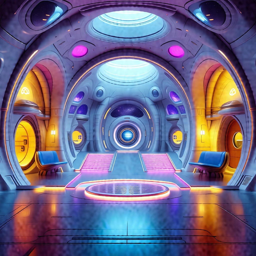 Futuristic space station with a large, open area that lea...