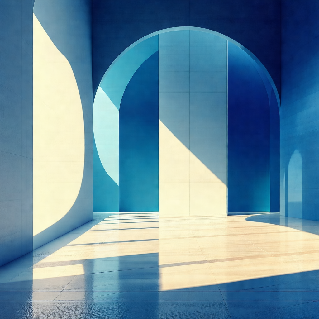 Large, open room with a blue color scheme