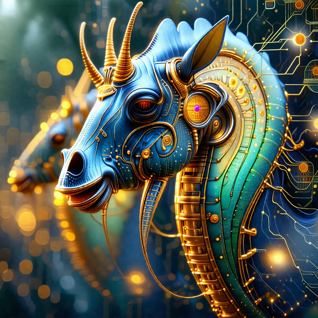 Blue and gold dragon with horns and a long neck