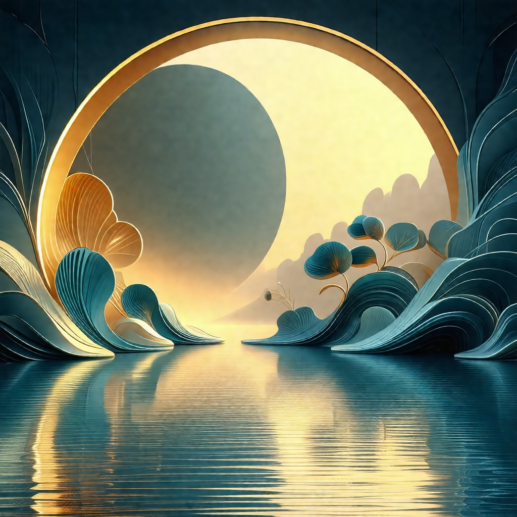 Painting of a serene scene featuring a body of water with...