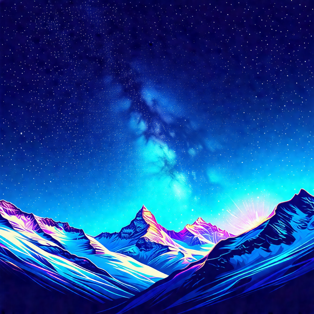 Beautifully drawn blue and purple mountain scene at night