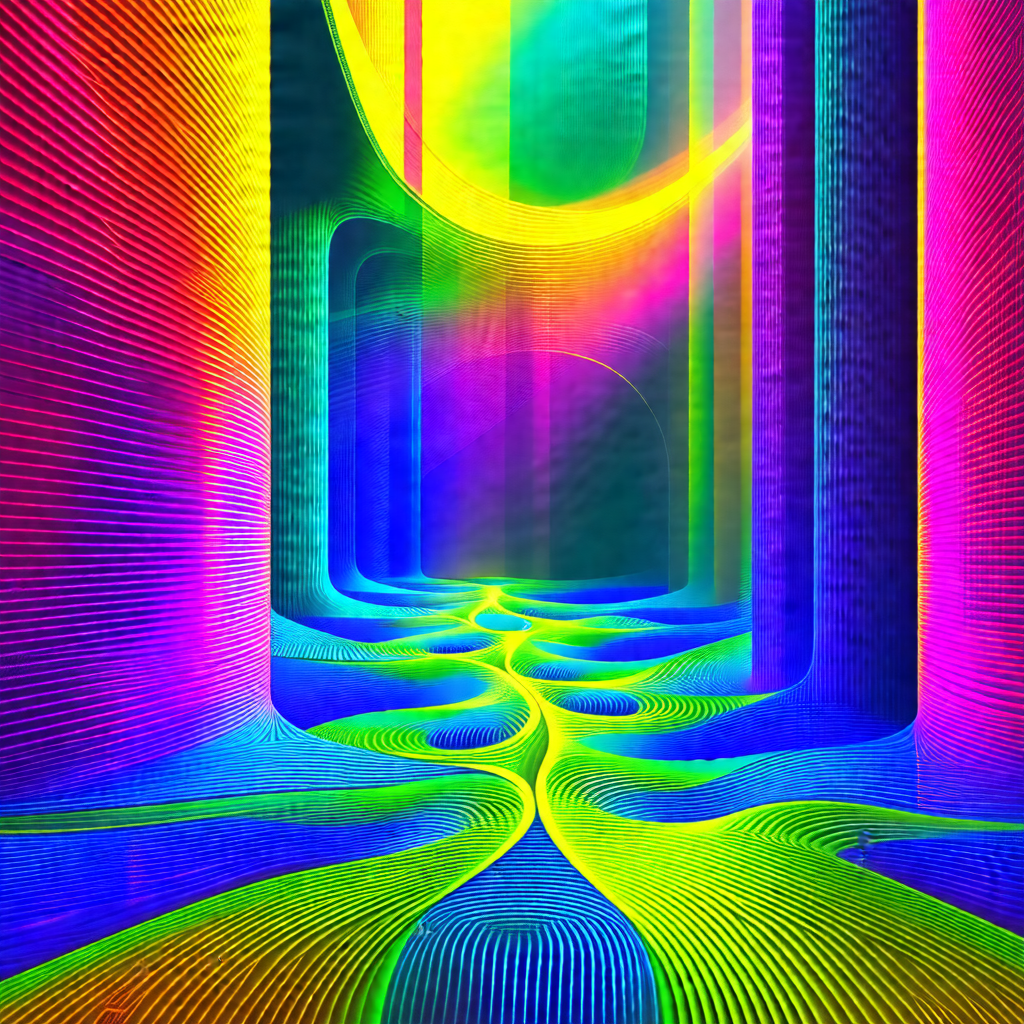 Colorful, abstract art piece featuring a tunnel-like stru...