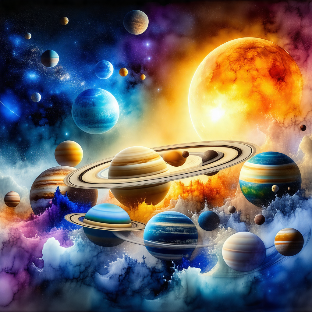 Colorful and detailed painting of various planets and moo...