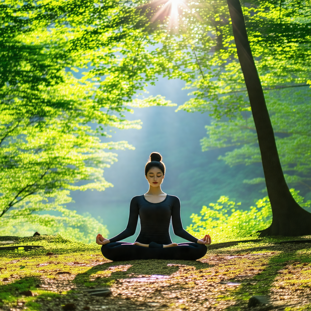 Woman sitting in a forest, surrounded by trees