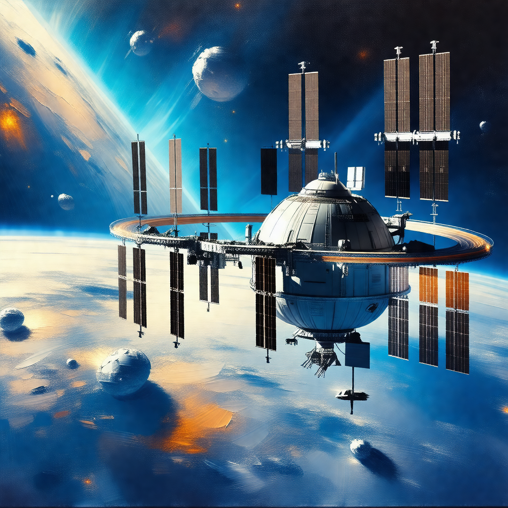 Large space station with a dome-shaped structure, surroun...