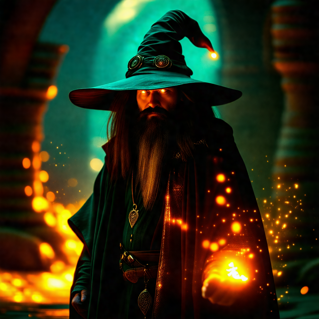 Man dressed in a wizard's outfit, complete with a green h...