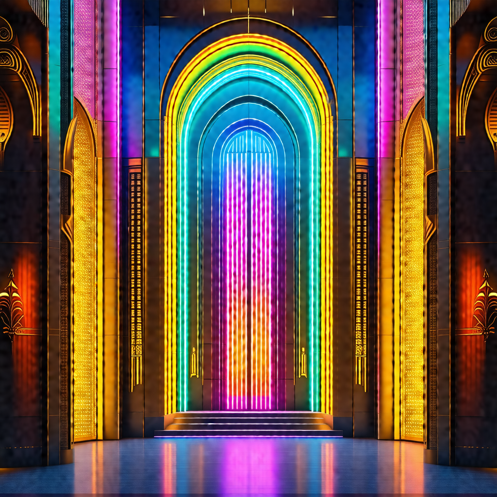 Large, colorful archway with a rainbow-colored stained gl...