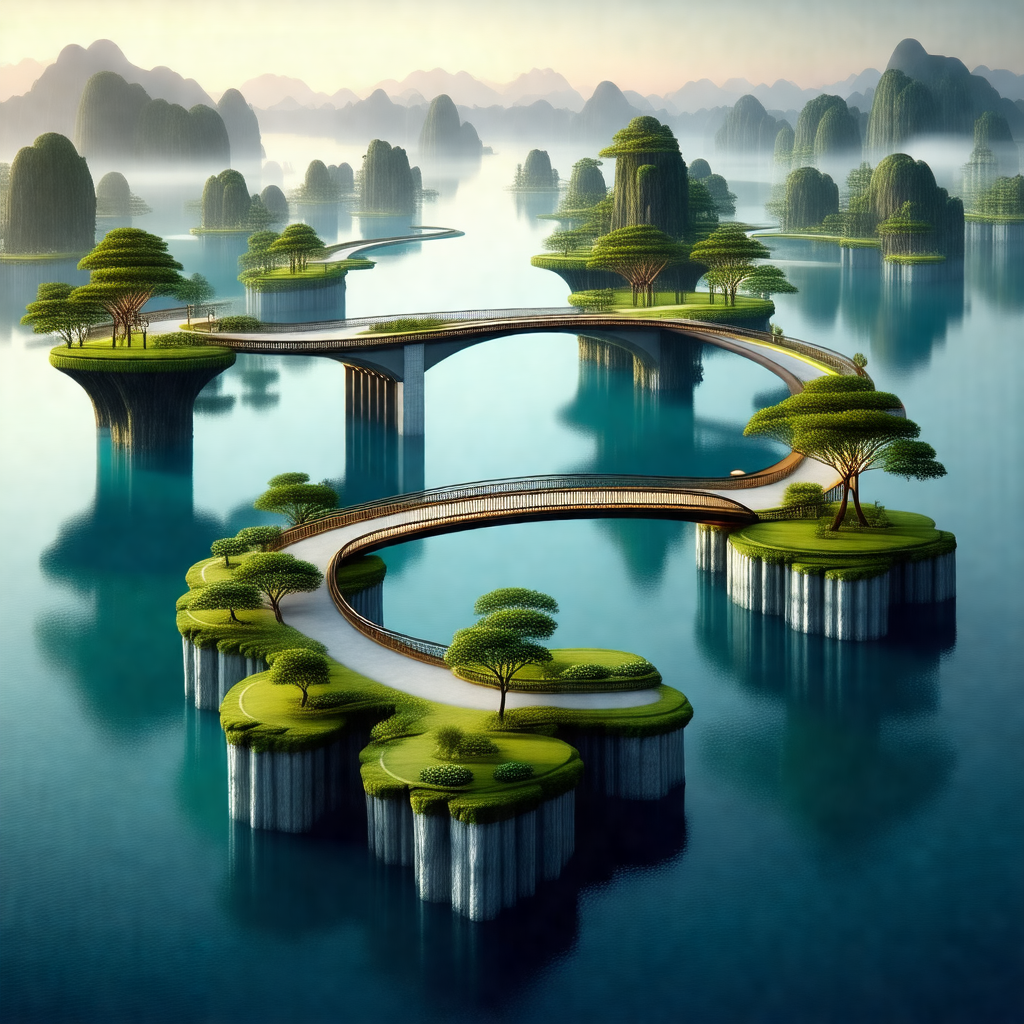 Digital painting of a bridge that is floating on top of a...