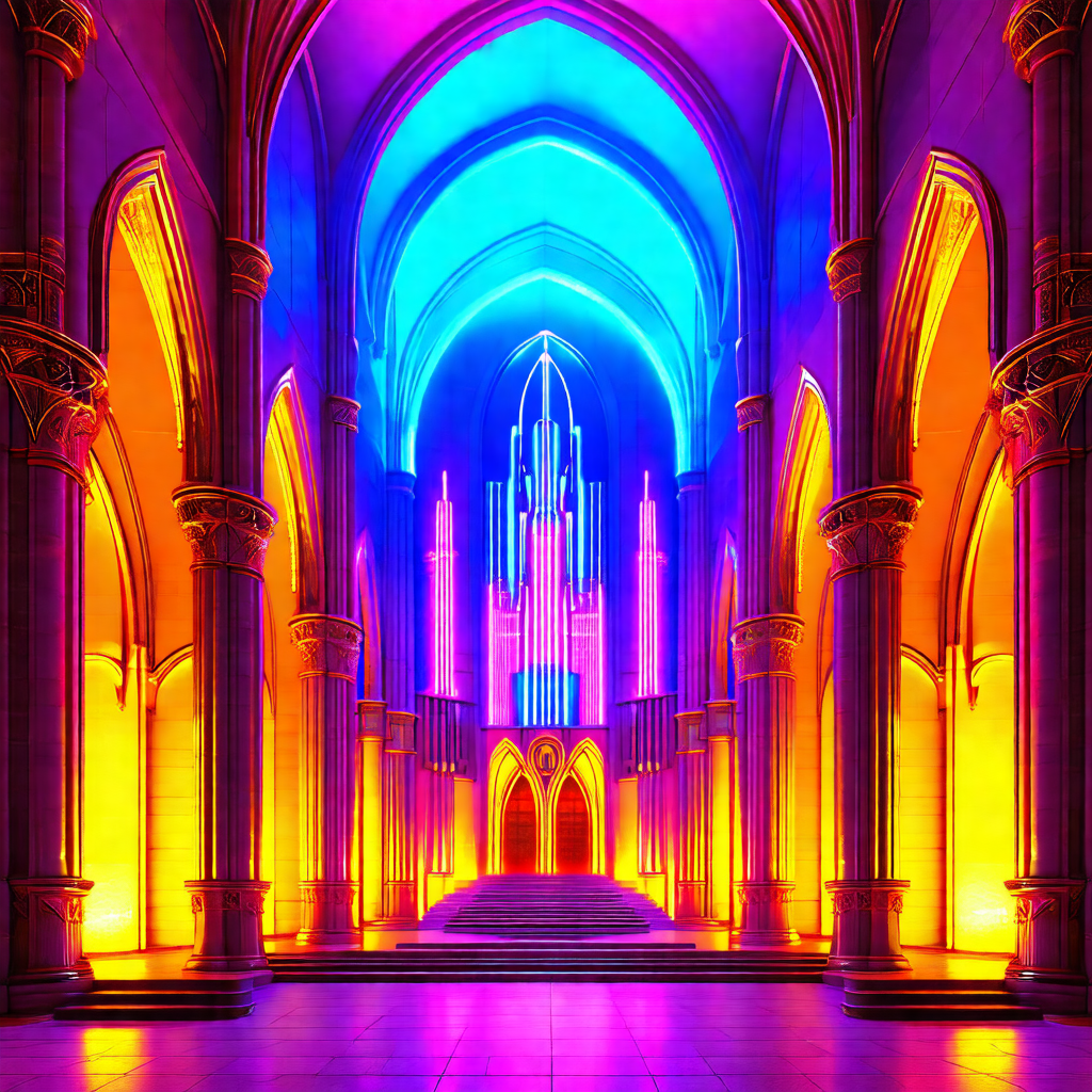 Large, colorful cathedral with a vibrant, rainbow-colored...