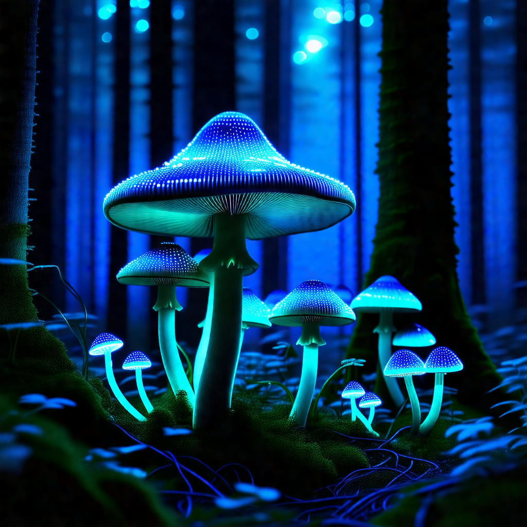 Forest with a group of glowing mushrooms scattered throug...