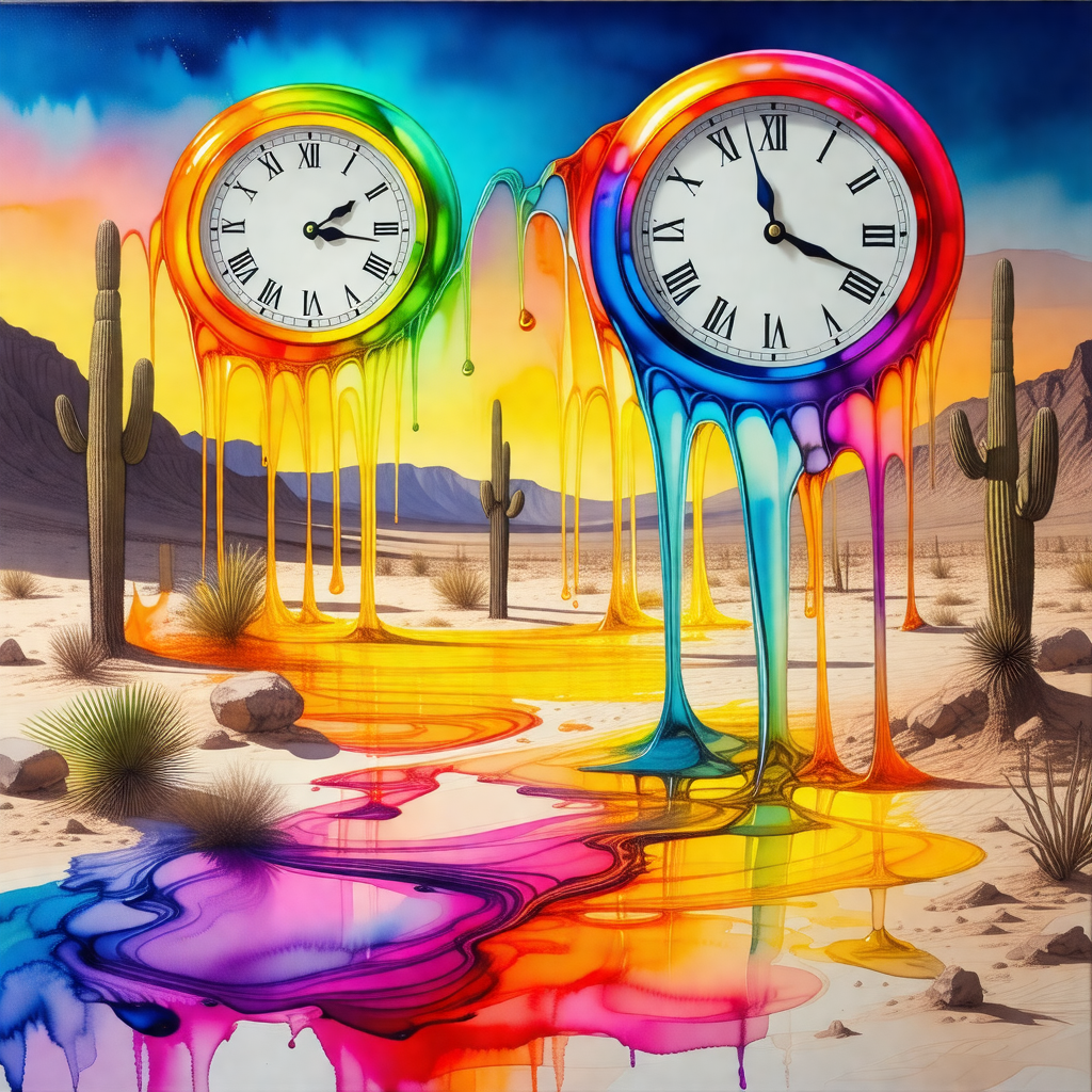 Two clocks, each with a different color, placed in a dese...
