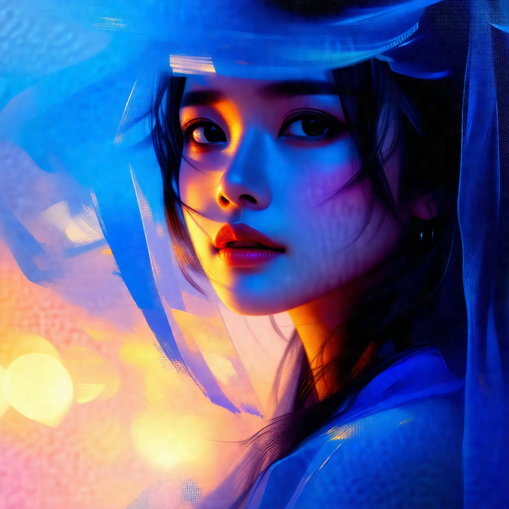 Woman wearing a blue hat and a blue veil, with her face p...