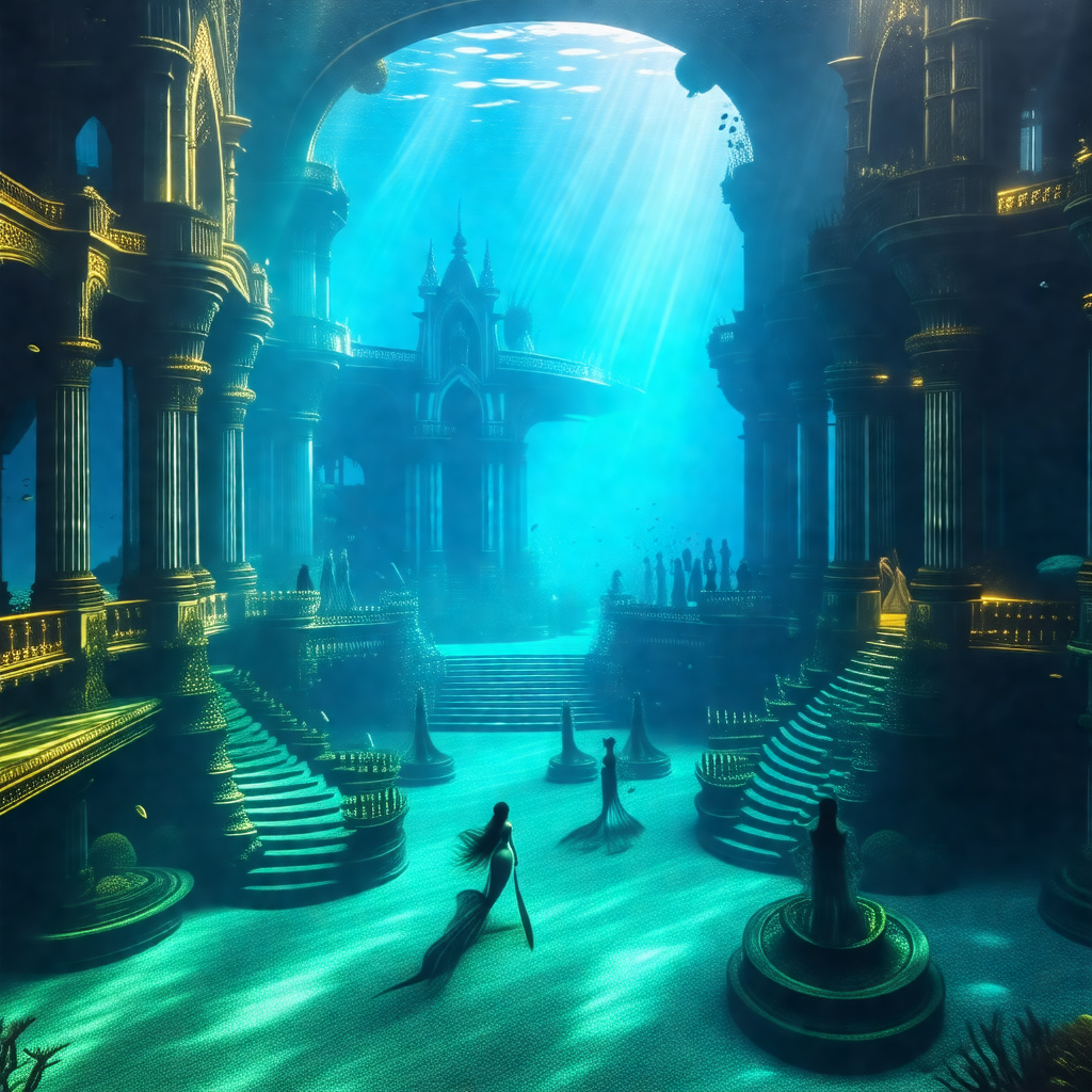 Painting of a woman standing in a large underwater palace